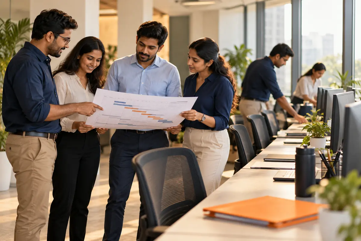 Wide candid photograph of a growing IT consultancy team in a busy but organised studio, a team lead mapping future project phases on a wall.