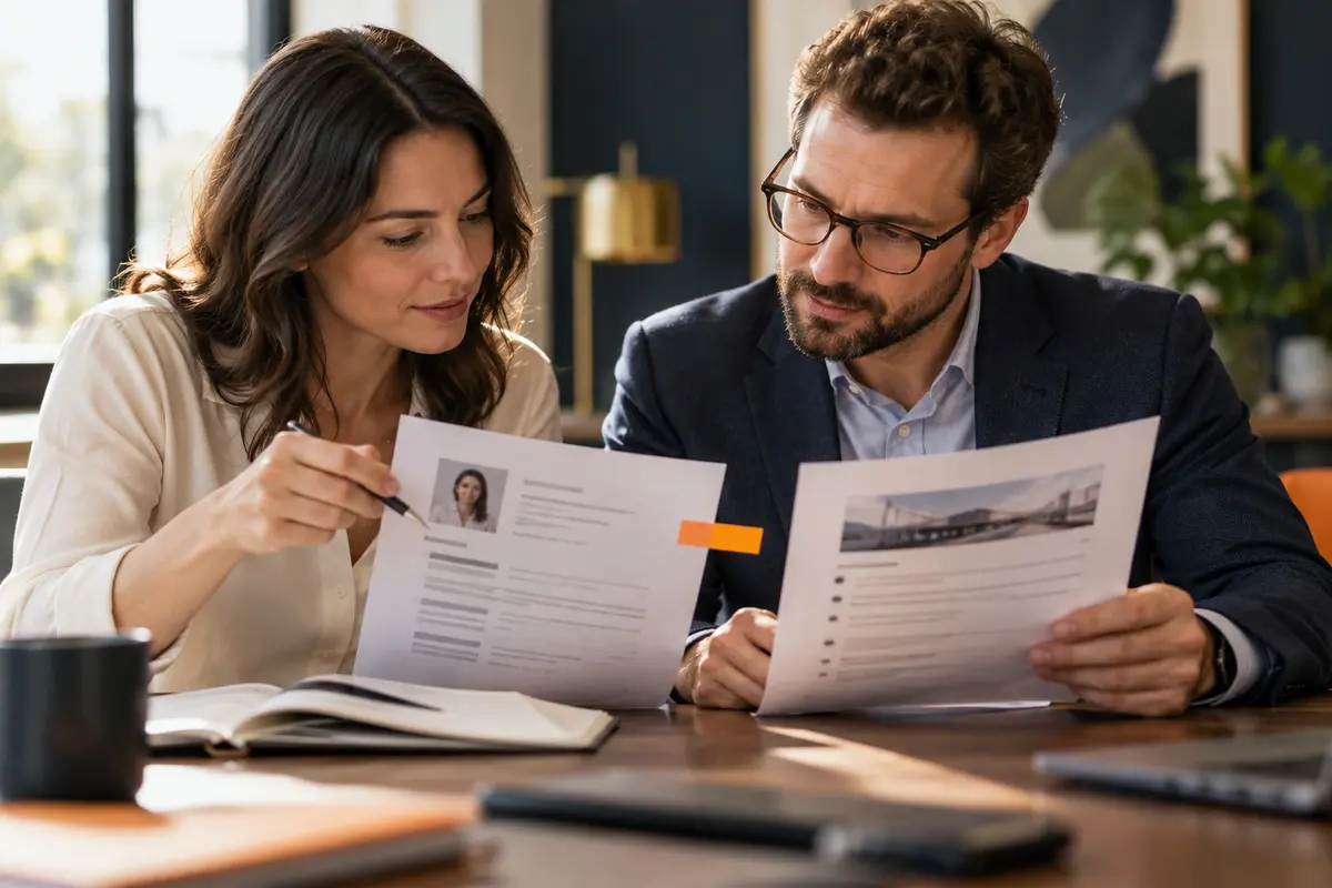 A recruiter and delivery manager sitting together reviewing a printed job brief and a project schedule, recruitment aligned with delivery.