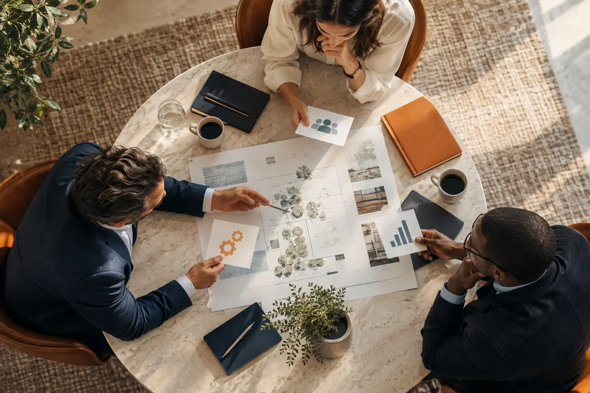 Three executives around a small circular table, each studying a different paper briefing, collaborative interpretation, no visible screens.