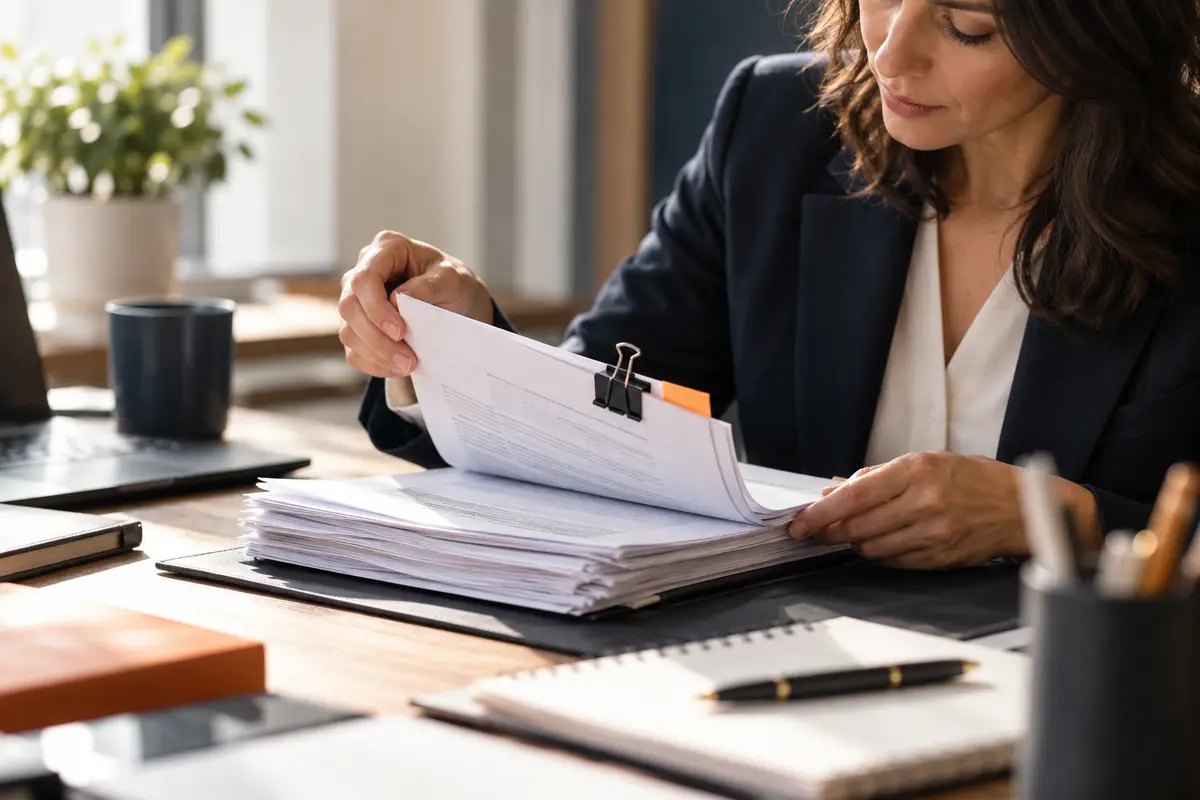 Finance leader and project manager comparing a signed work approval and an invoice folder in a modern office, calm precise coordination.