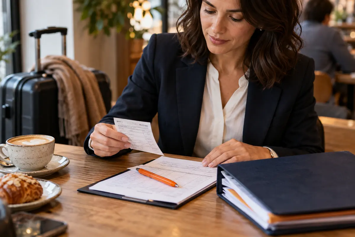 Close editorial photograph of a consultant recording work notes beside travel receipts and a paper planner, analogue watch on desk, no screens.