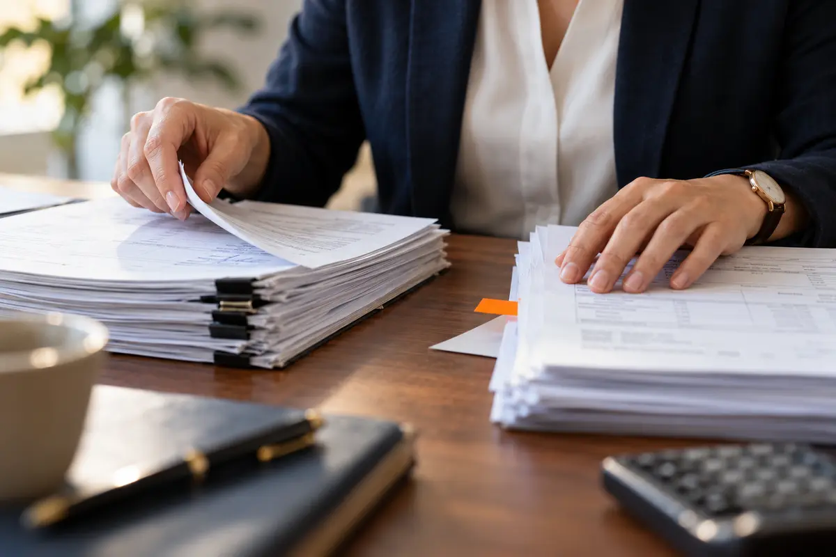 Two finance operations colleagues reconciling small stacks of paper work records at a tidy table, one points to an omitted page, practical investigation.