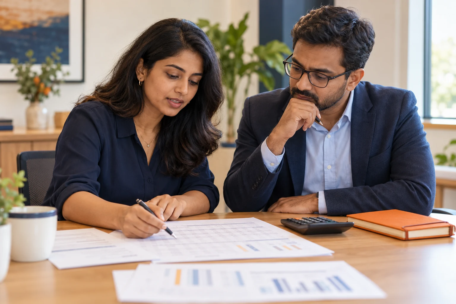 A project lead and finance colleague discussing a project budget and delivery costs.